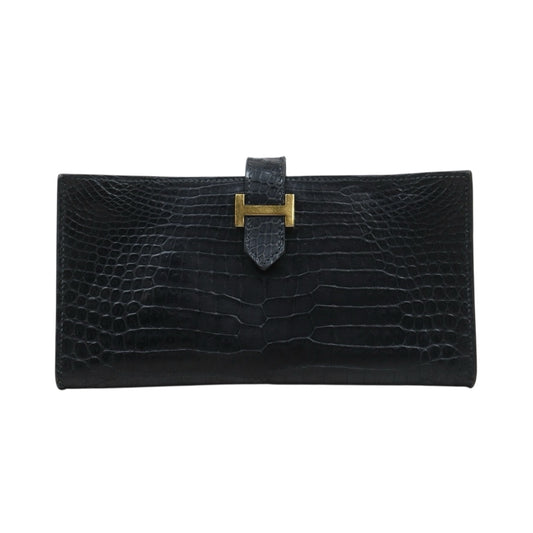 Good ( Rank AB)｜ HERMES Bearn Black Crocodile skin Long Wallet 〇V Stamp Made In 1992Year｜25112604