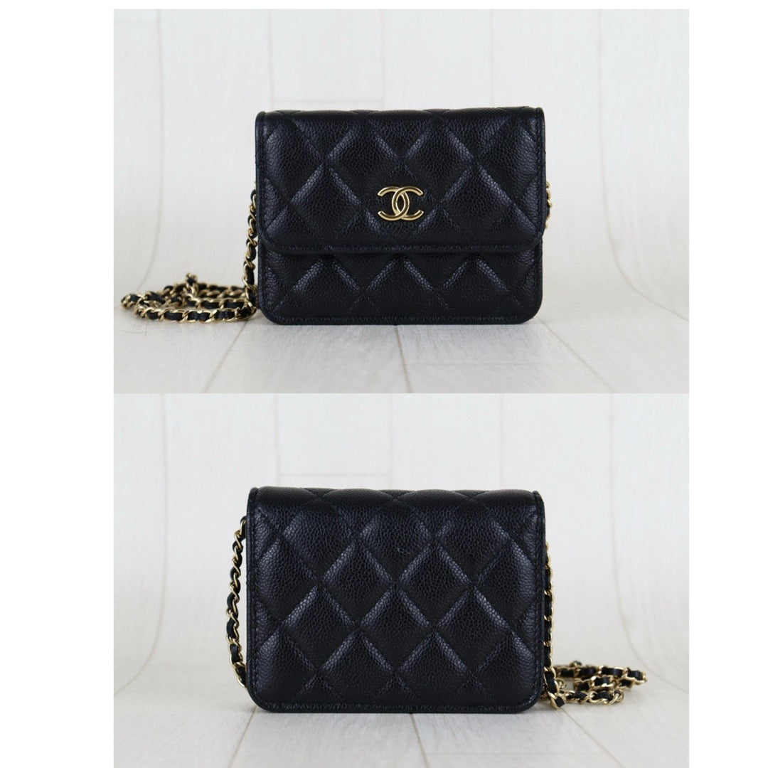 Very Good ( Rank A)｜ CHANEL Matelasse Caviar Skin Mini Chain Shoulder Bag Black Gold Hardware Made in 2021-2022Year ｜H24112101