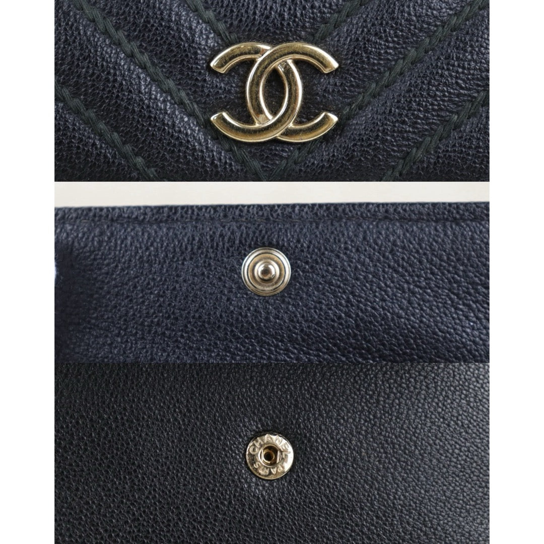 Include Entrupy Certificate of Authenticity｜Good ( Rank AB)｜Chanel Calf Skin V-Patterned Black Wallet Made In 2019Year｜S26072510