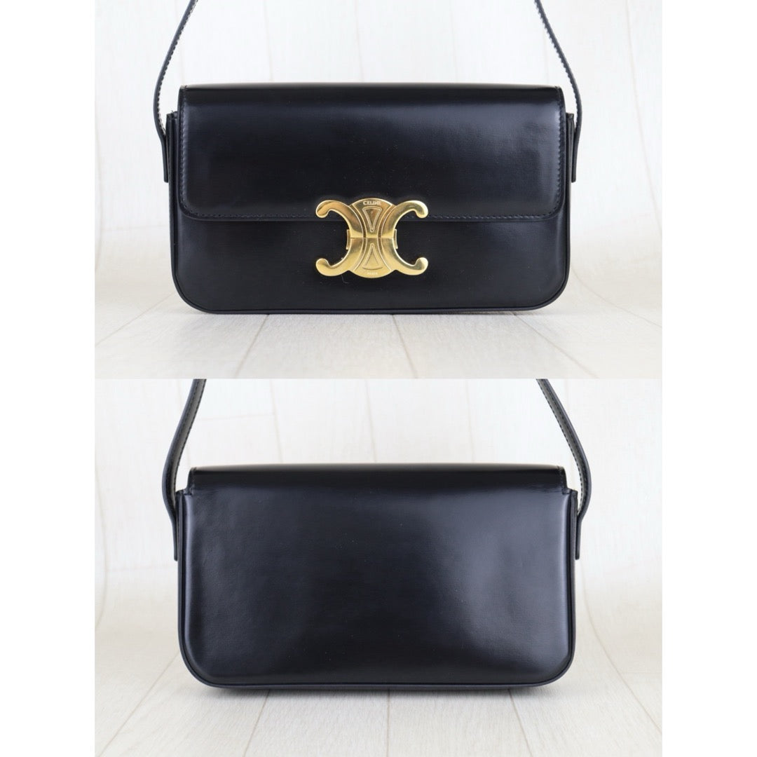 Very Good ( Rank A)｜CELINE Calf Leather Triomphe Black Shoulder Bag Golden Hardware｜S25103010