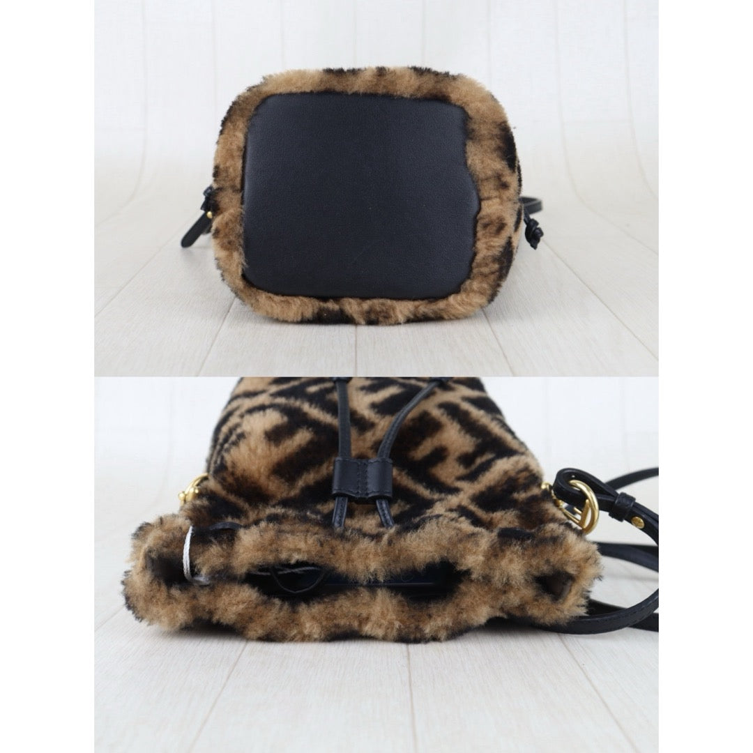 Include Entrupy Certificate of Authenticity｜Very Good ( Rank A)｜ FENDI Zucca Sheep Skin Mini Mon Tresor Bucket bag Shoulder Bag Brown ｜S26060119