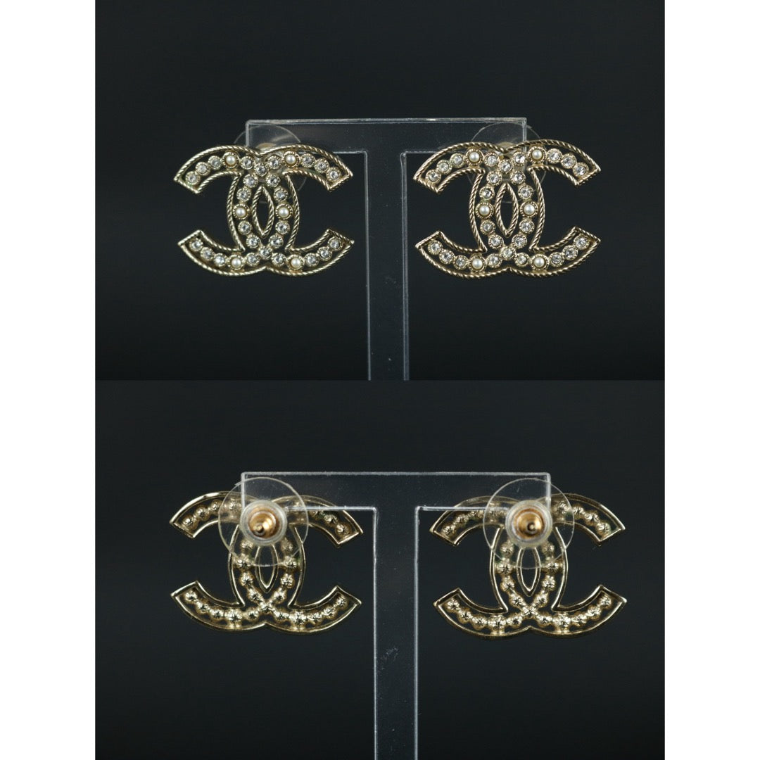 Very Good ( Rank A) ｜ CHANEL B20V Coco Mark Pearl Rhinestone Golden Earrings Made In 2020Year ｜S25121114