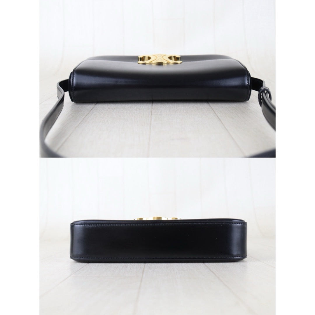 Include Entrupy Certificate of Authenticity｜Good ( Rank A) ｜CELINE Calf Leather Triomphe Black Shoulder Bag Golden Hardware｜S26080113
