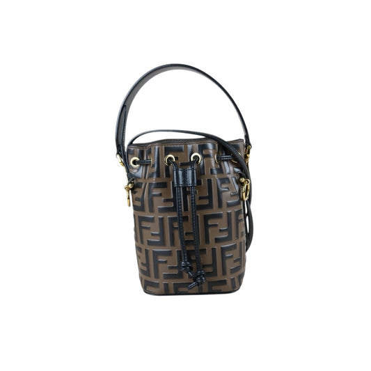Include Entrupy Certificate of Authenticity｜Good ( Rank AB)｜ FENDI Zucca Mini Mon Tresor Calf Leather Bucket bag Shoulder Bag Brown ｜S26041409
