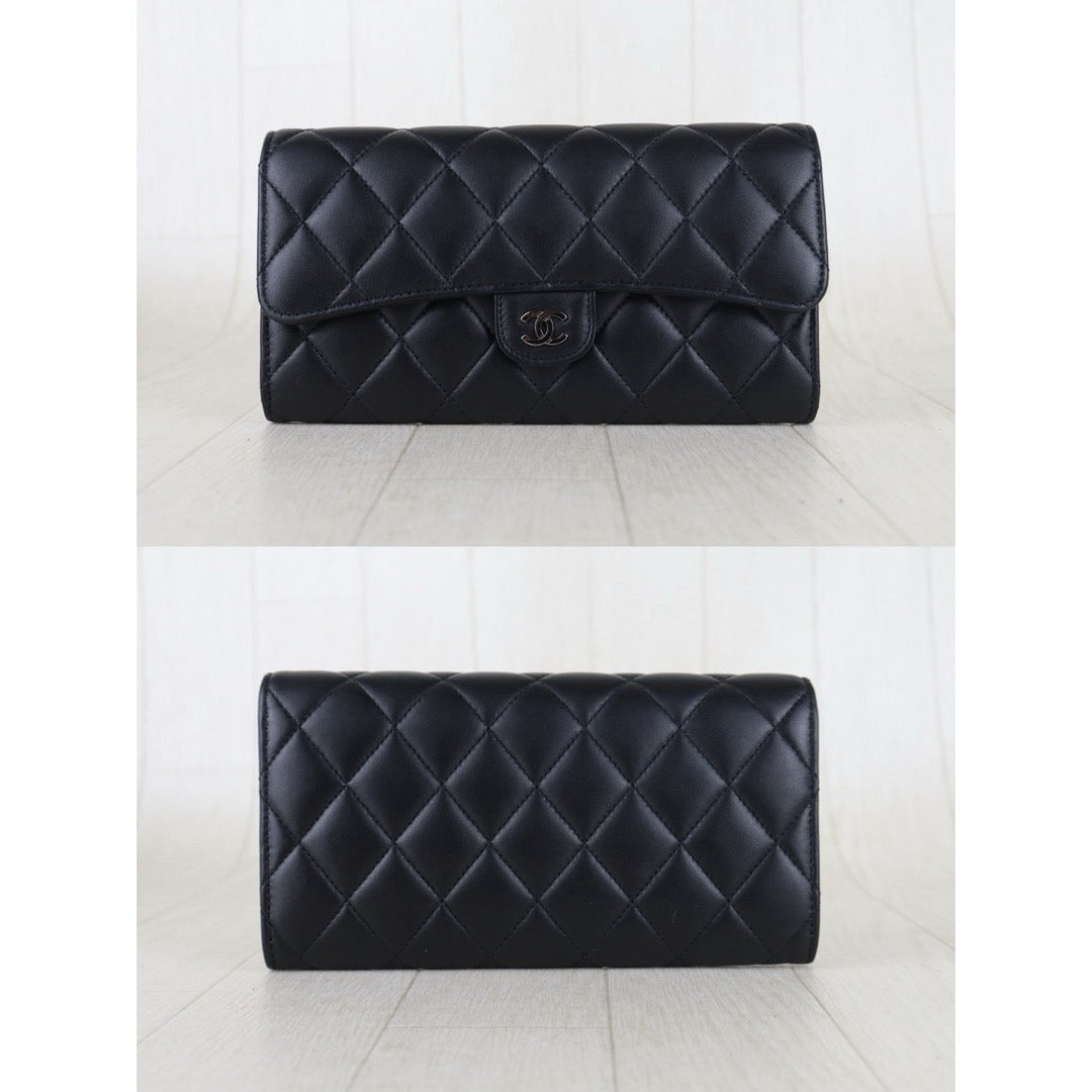 Include Entrupy Certificate of Authenticity｜Excellent（Rank SA）｜Full Set CHANEL Lamb Skin Black Long Wallet Made In 2016-2017Year｜S26060403