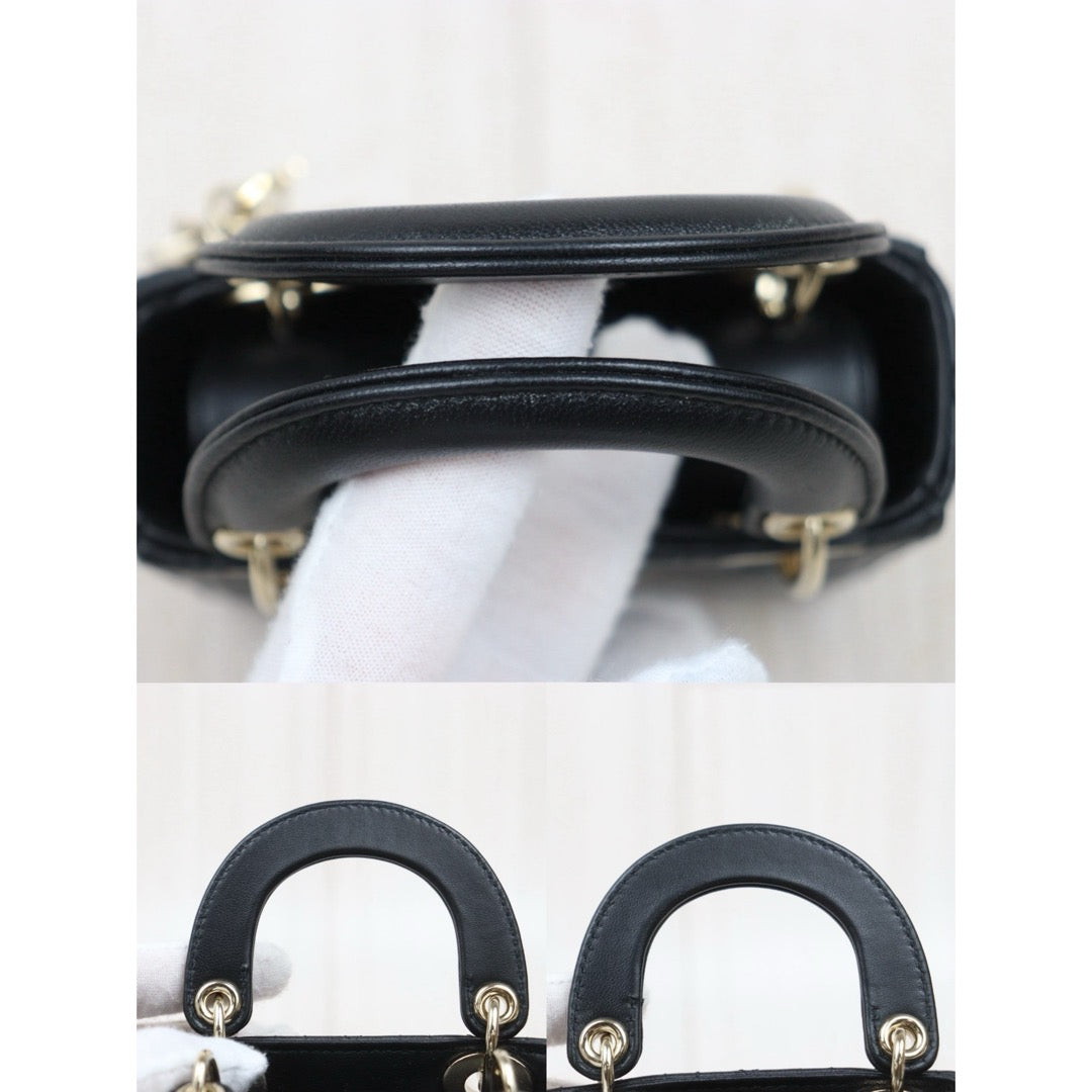 Very Good ( Rank A) ｜  Dior Mini Lady Dior Lamb Skin 2WAY Shoulder Bag Handbag Black  ｜S25110431