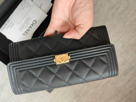 CHANEL Leboy Caviar Skin Black Long Wallet with entrupy