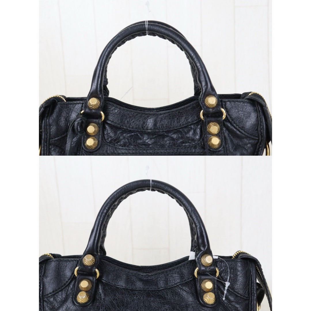 Include Entrupy Certificate of Authenticity｜Good ( Rank AB)｜Balenciaga Chevre Leather Gaint Classic Metallic Edge City Mini Black HandBag Shoulder Bag ｜Z26092903