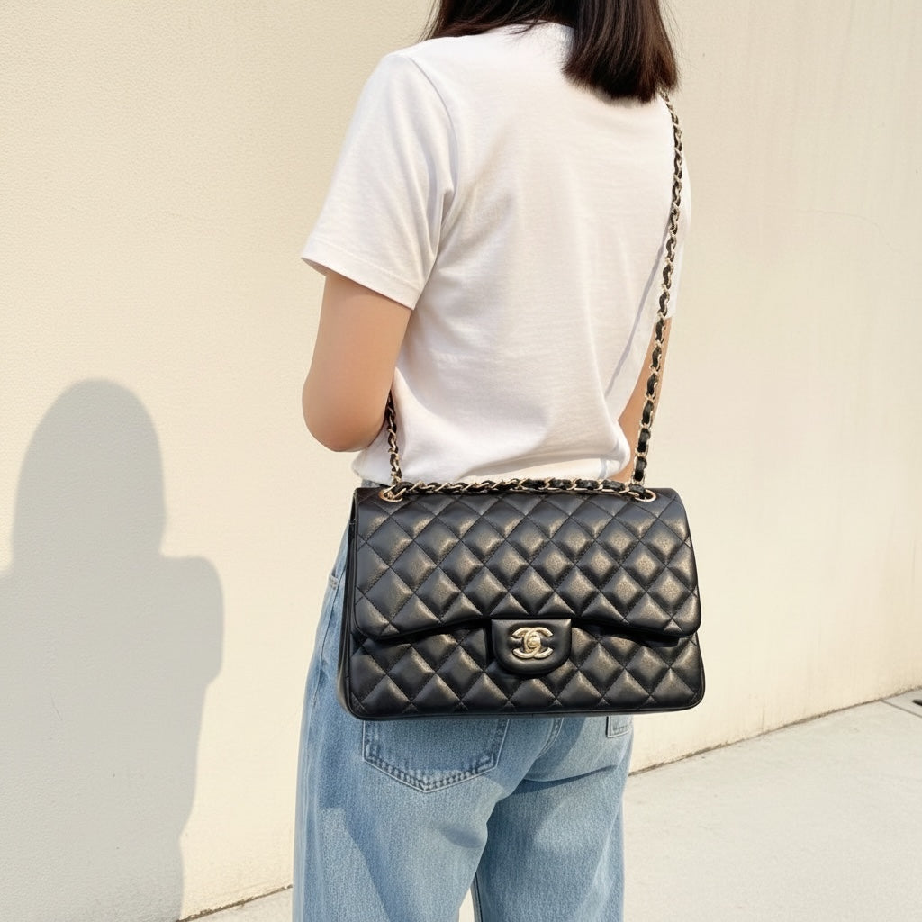 Include Entrupy Certificate of Authenticity｜Good ( Rank AB)｜ CHANEL Matrasse Chain Lamb Skin Jumbo Black  Made In 2015-2016 Year｜S26041401