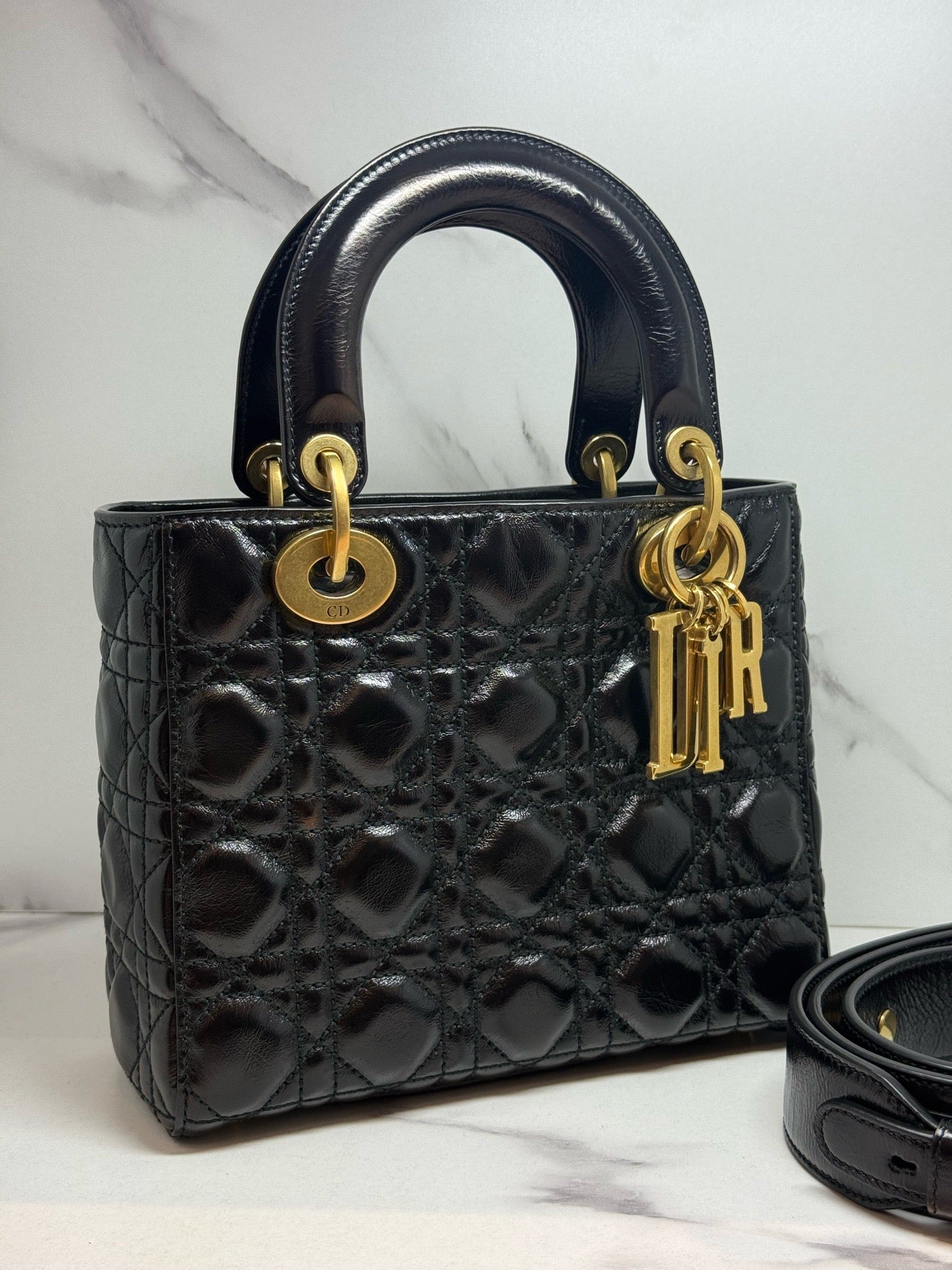 Dior Small Lady Dior Cafe Skin 2WAY Shoulder Bag Handbag Black