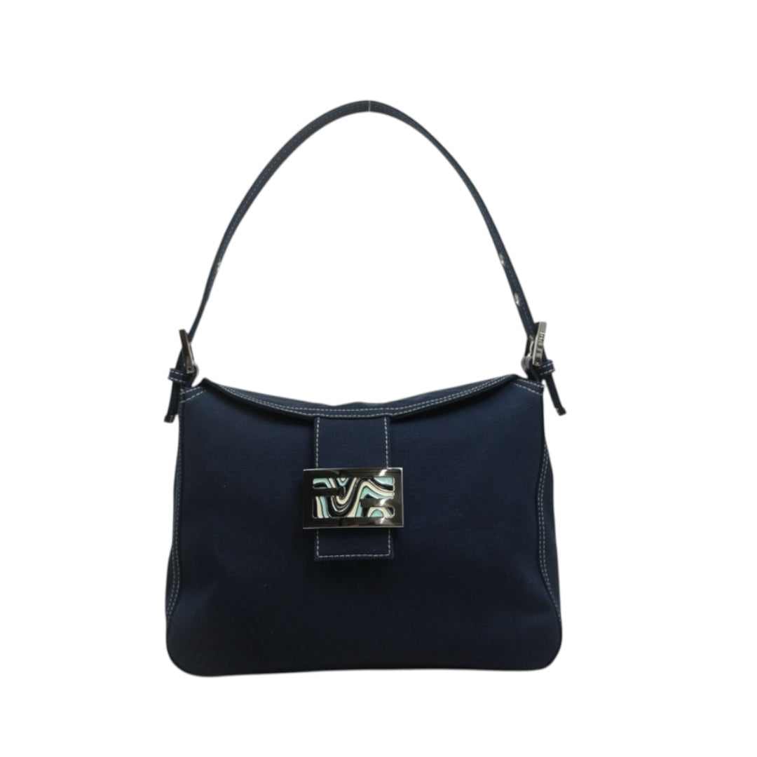 Include Entrupy Certificate of Authenticity｜Good ( Rank AB)｜ FENDI Mamma Baguette Canvas Enamel FF Buckle Shoulder Bag Navy Blue ｜26092403