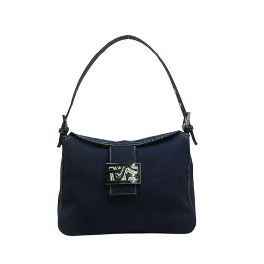 Include Entrupy Certificate of Authenticity｜Good ( Rank AB)｜ FENDI Mamma Baguette Canvas Enamel FF Buckle Shoulder Bag Navy Blue ｜26092403