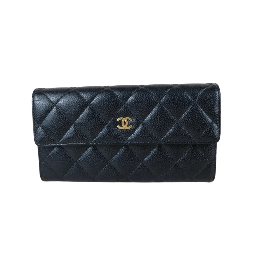 Include Entrupy Certificate of Authenticity｜Very Good ( Rank A)｜CHANEL Caviar Skin Black Long Wallet Made In 2015-2016Year｜S26050801