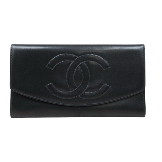 Good ( Rank AB)｜CHANEL Lambskin Black Long Wallet Made In 1991-1994 Year｜W24120911