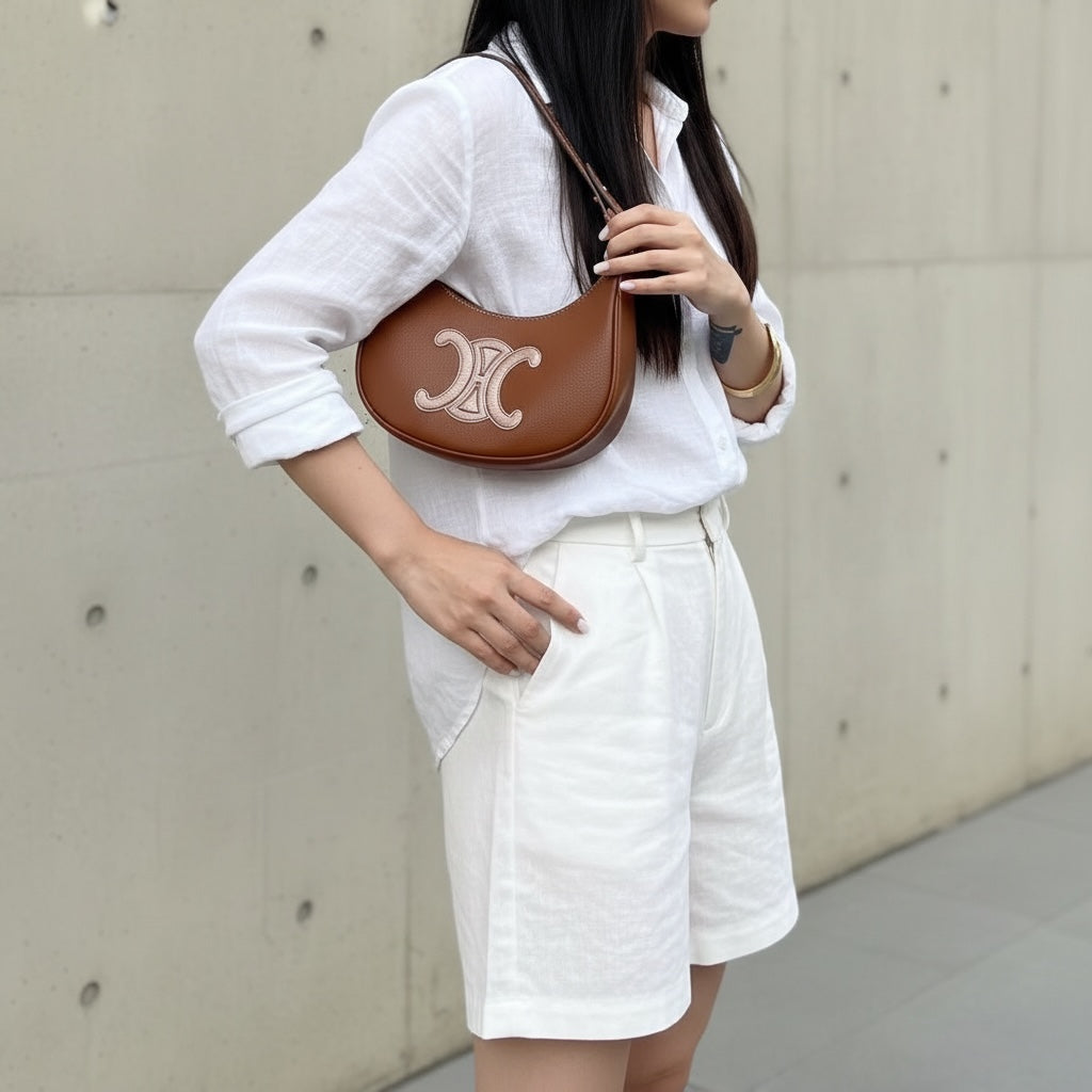Include Entrupy Certificate of Authenticity｜Very Good ( Rank A)｜ CELINE AVA Macadam Triomphe Calf Leather Shoulder Bag Caramel ｜S26051508