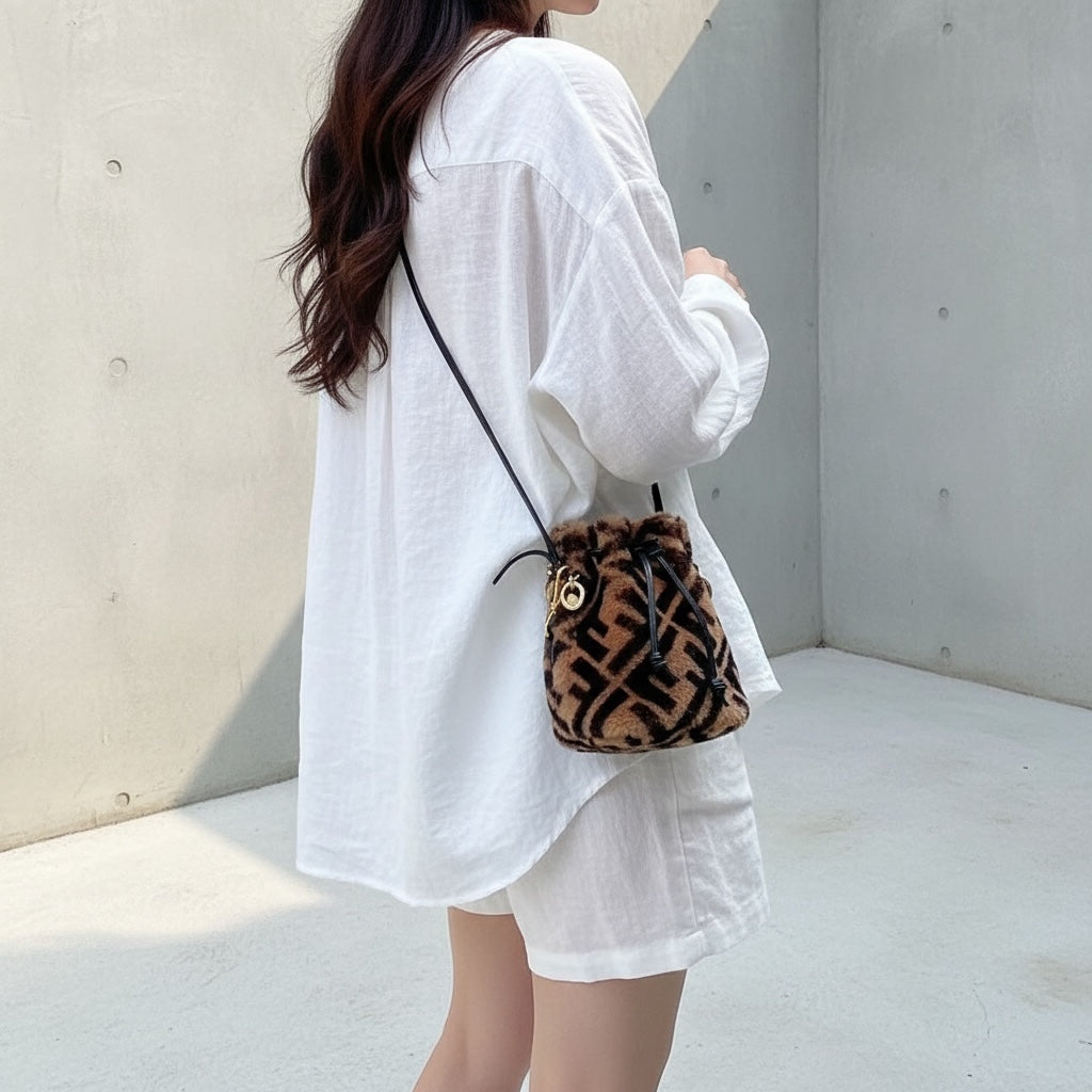 Include Entrupy Certificate of Authenticity｜Very Good ( Rank A)｜ FENDI Zucca Sheep Skin Mini Mon Tresor Bucket bag Shoulder Bag Brown ｜S26060119
