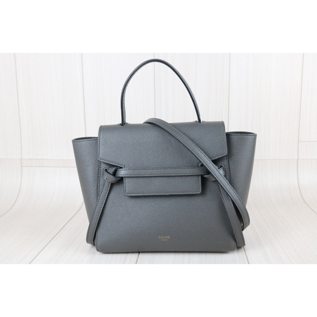 Include Entrupy Certificate of Authenticity｜Good ( Rank AB)｜CELINE Calf Leather  Belt Nano Handbag Shoulder Bag Gray｜S26041407