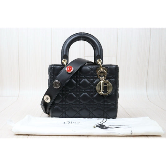 Rank A ｜  Dior Lady Dior Lamb Skin 2WAY Shoulder Bag Handbag Black  ｜S24042904