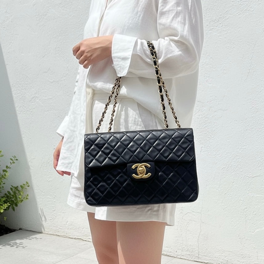 Include Entrupy Certificate of Authenticity｜Good ( Rank AB)｜CHANEL  Matrasse Chain  Lambskin Single Flap Black Shoulder Bag Large Made In 1994～1996Year｜26071310