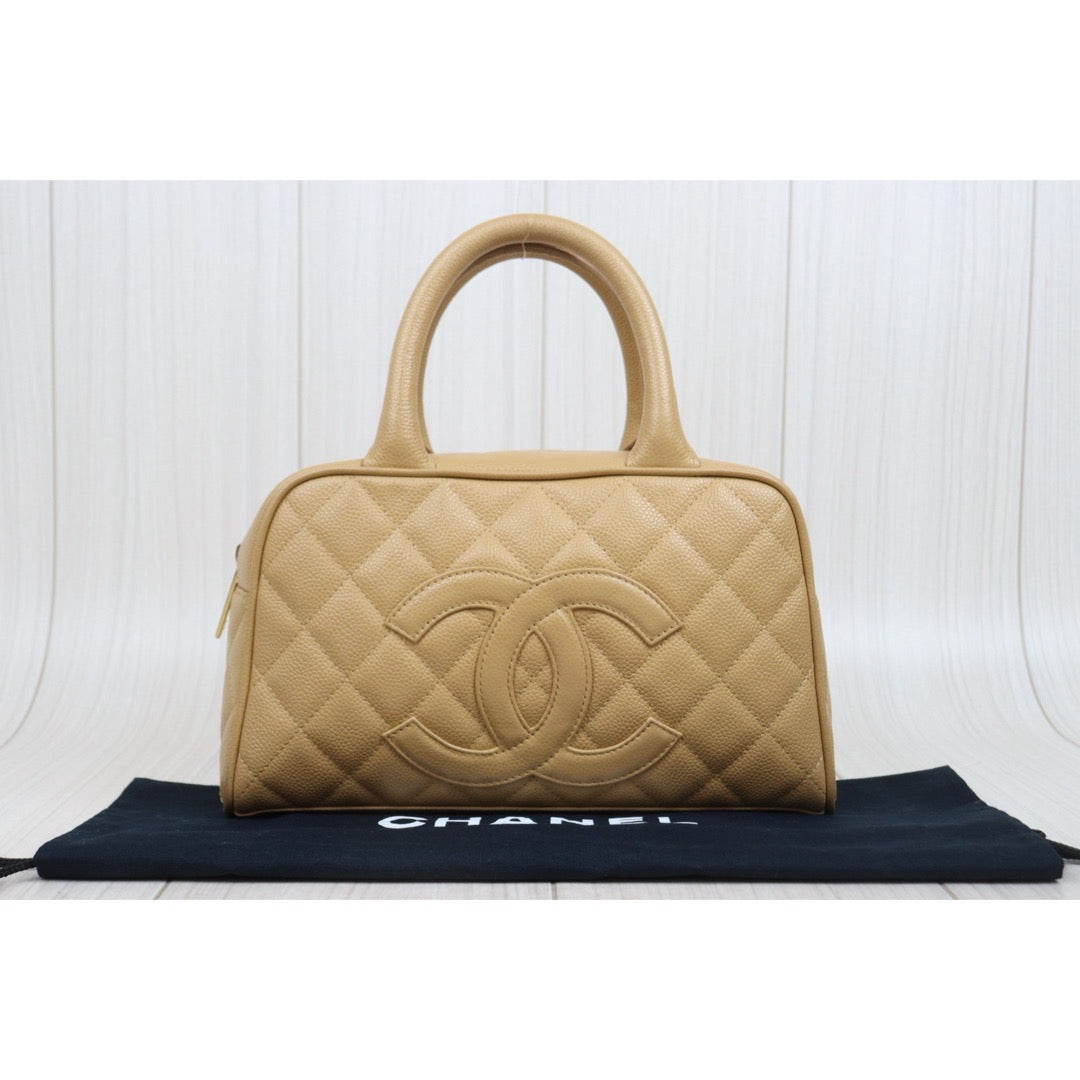 Good ( Rank AB)｜ CHANEL Caviar Skin  Calf Leather Bowling Hand Bag Beige Made In 2004～2005Year｜A25120609