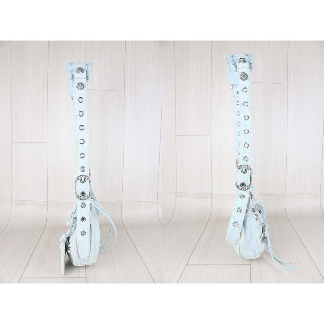 Very Good ( Rank A)｜Balenciaga Denim With Rhinestones Le cargole XS Shoulder Bag Light Blue ｜S25110309