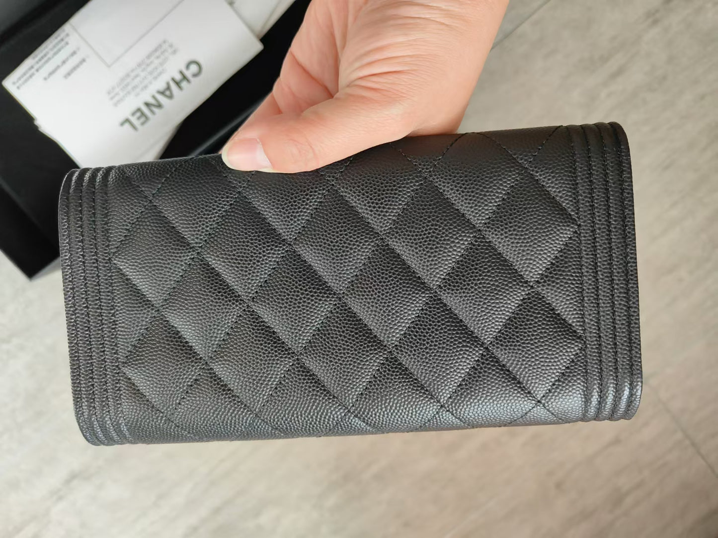 CHANEL Leboy Caviar Skin Black Long Wallet with entrupy