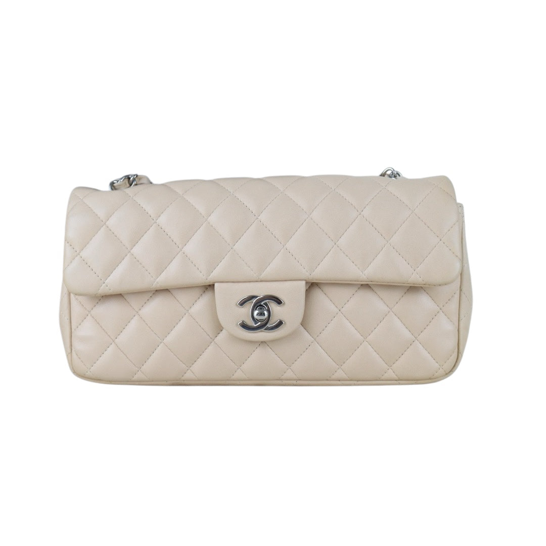 Include Entrupy Certificate of Authenticity｜Very Good ( Rank A)｜ CHANEL Lamb Skin Matrasse Chain Double East West Shoulder Bag  Beige Made In 2008-2009 Year｜S26083007