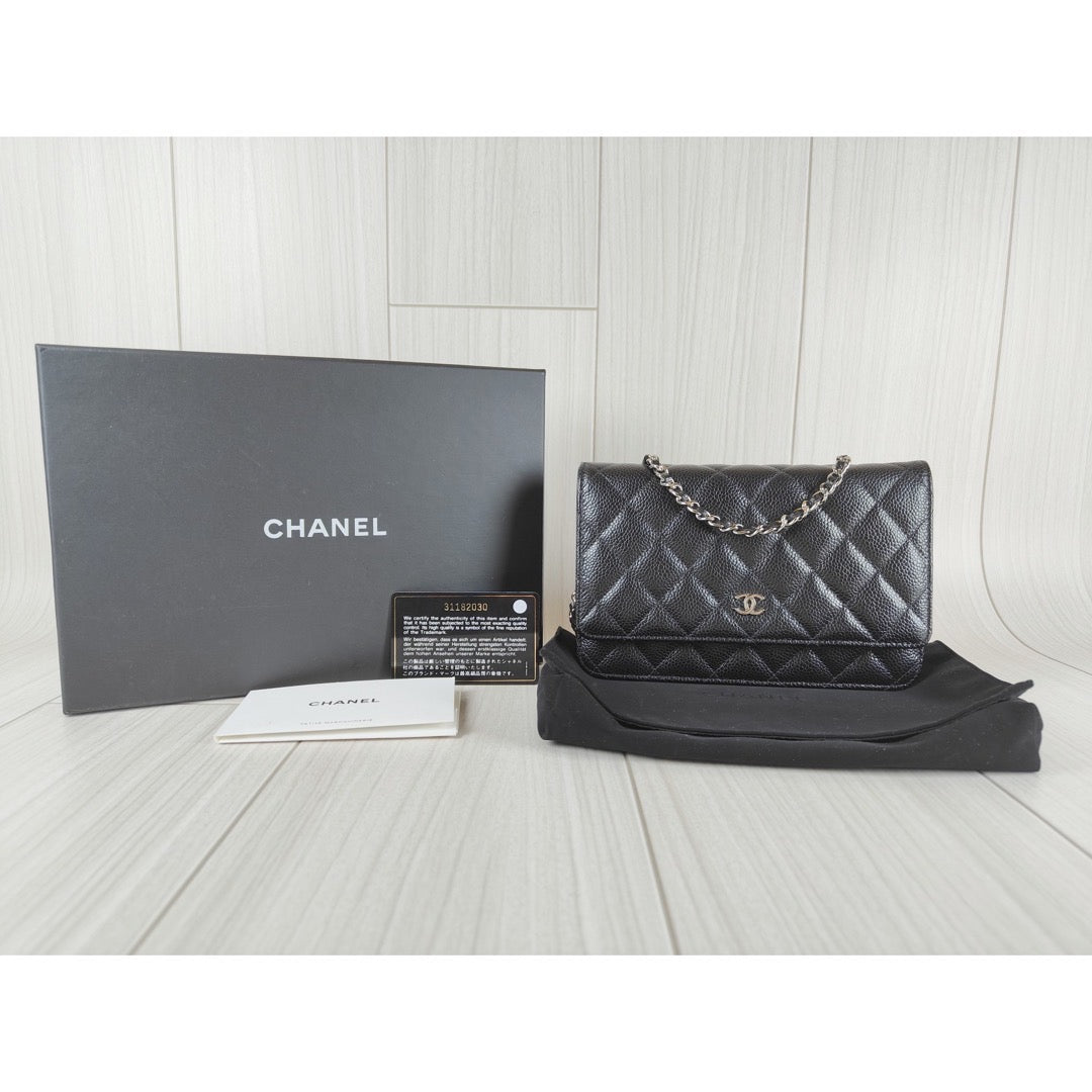 Rank S｜ CHANEL Matelasse Caviar Skin Chain Wallet Black Silver Hardware Made in 2021-2022 Year ｜S23120202