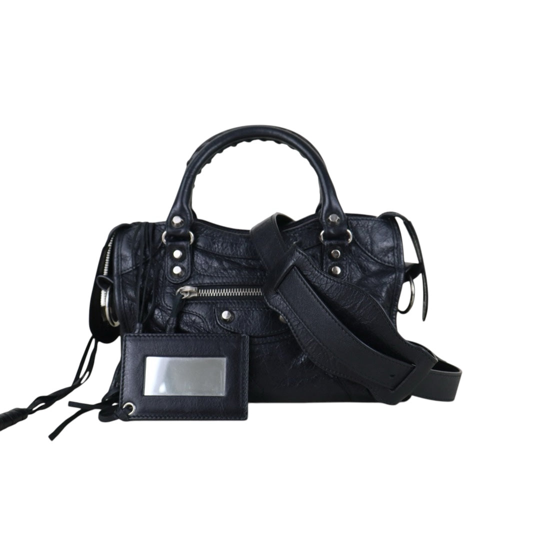 Include Entrupy Certificate of Authenticity｜Good ( Rank AB)｜Balenciaga Oiled Leather Gaint Classic mini city Handbag Shoulder Bag Black｜S26060115