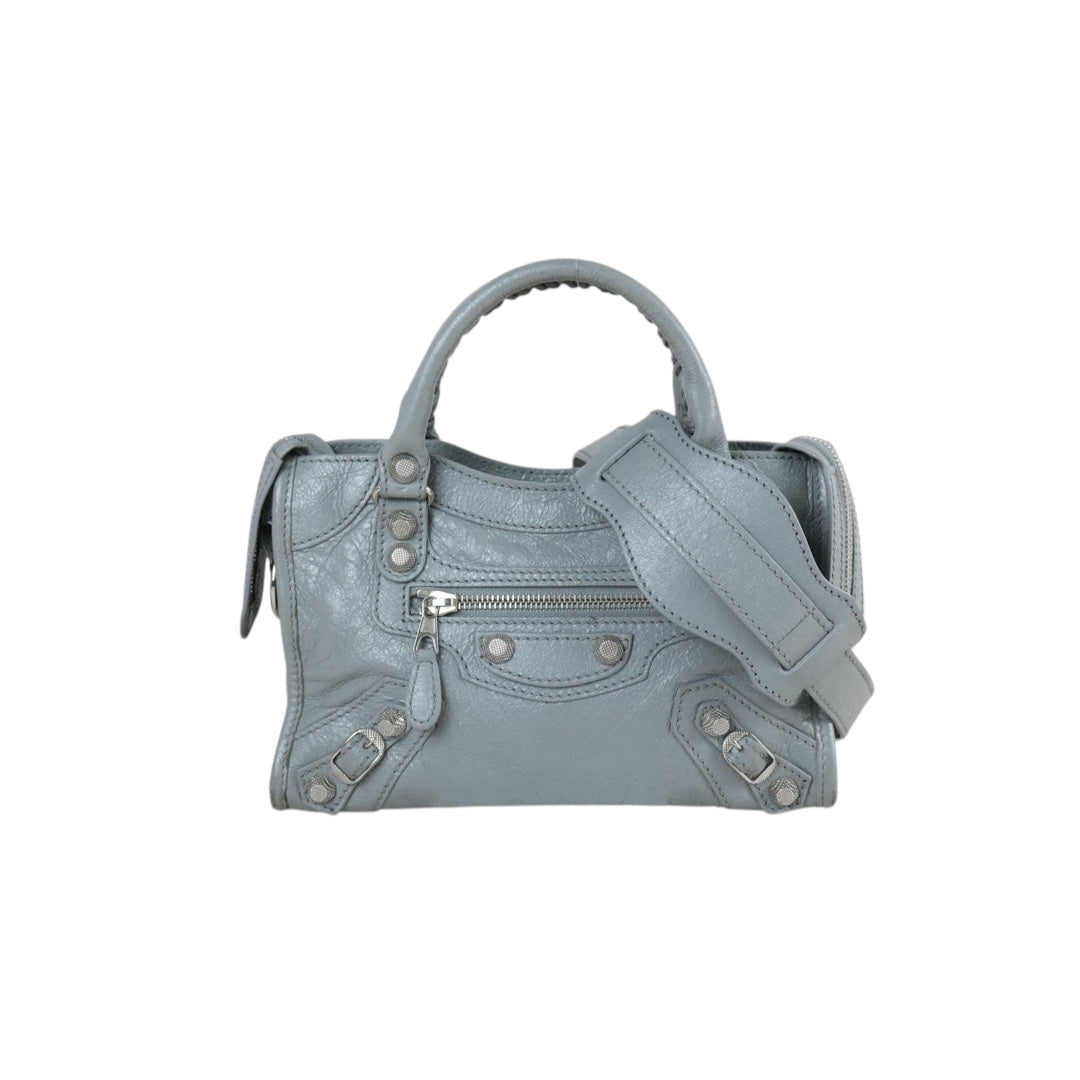 Include Entrupy Certificate of Authenticity｜Good ( Rank AB)｜Balenciaga Waxed Leather Gaint Classic Mini City Grey HandBag Shoulder Bag ｜S26072604