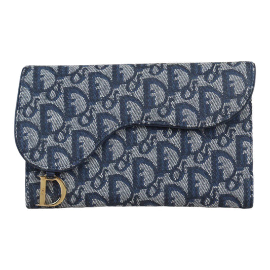 Rank A ｜ Dior Trotter Saddle Tri-fold Long Wallet Jacquard Leather Navy｜23080913