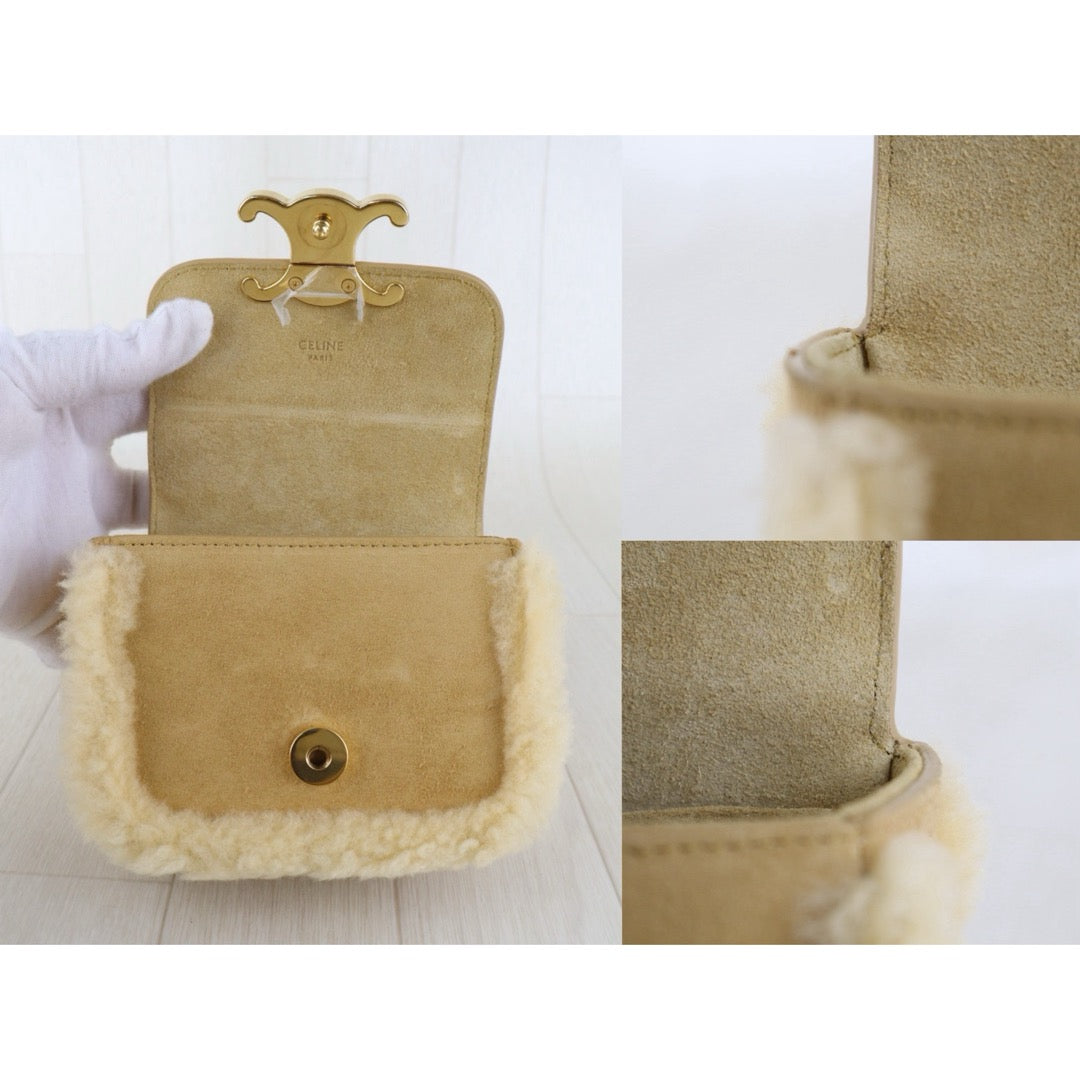 Include Entrupy Certificate of Authenticity｜Good ( Rank A) ｜CELINE Suede Shearling Triomphe Mini Chain Claude Shoulder Bag ｜S26083015