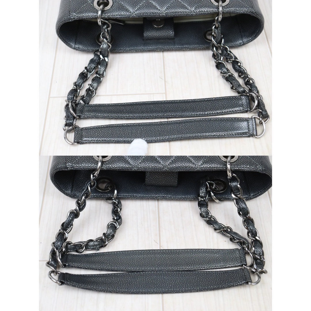 Rank AB ｜ CHANEL Limit Color Charcoal Grey Matrasse Caviar Skin PST Chain Tote Bag Made In 2010-2011 Year｜V24061735