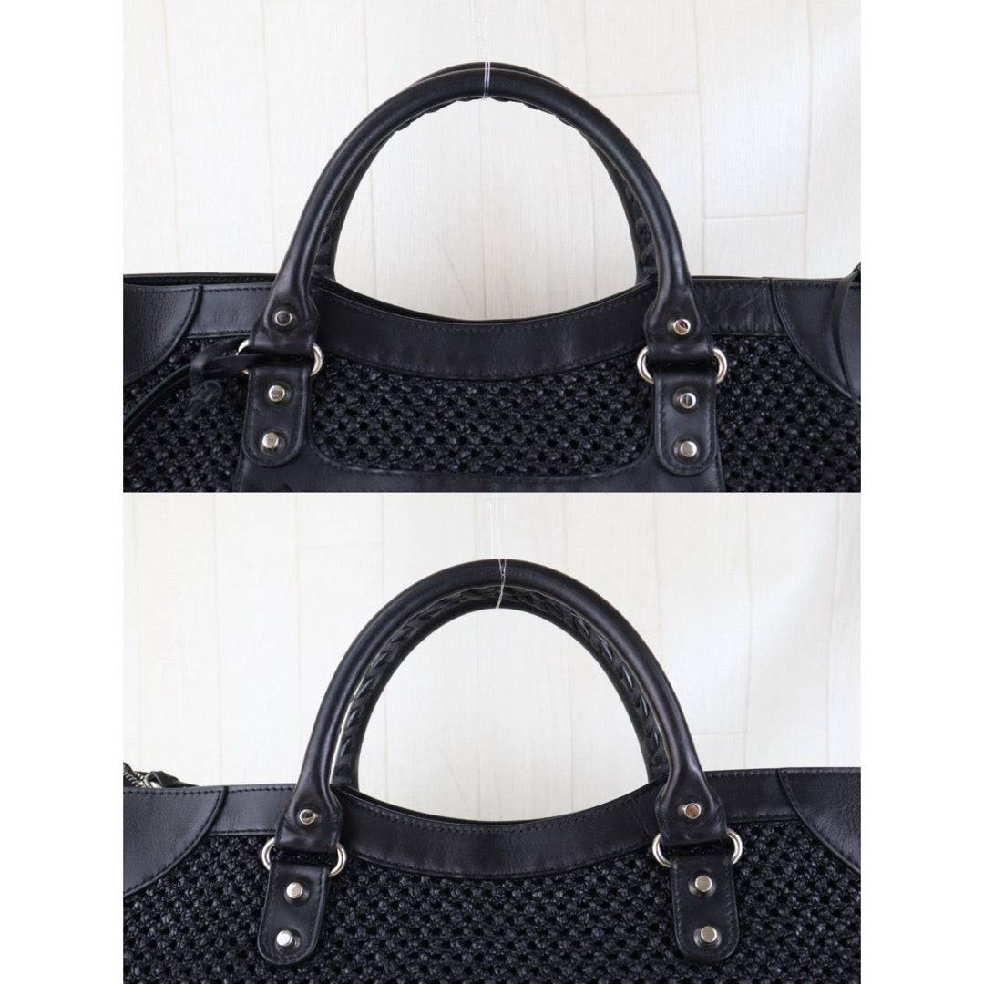 Include Entrupy Certificate of Authenticity｜Very Good ( Rank A)｜Balenciaga Classic City Straw GM Black Motorcycle HandBag Shoulder Bag ｜Z26091902