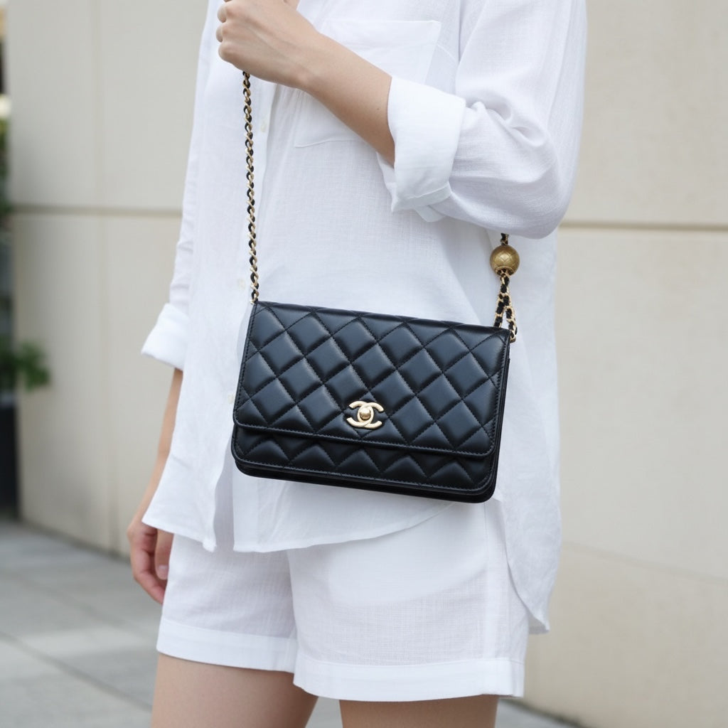 Include Entrupy Certificate of Authenticity｜Very Good ( Rank A)｜ CHANEL Coco Mark Lambskin Golden Chain WOC  Black Made In 2020-2021Year｜S26051512