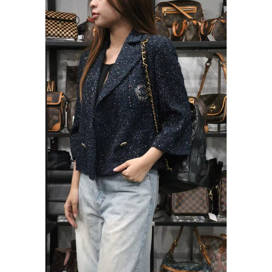 Very Good ( Rank A) ｜ CHANEL 12P Acrylic Embroidery Dark Blue Coat 38 Size｜W25102110