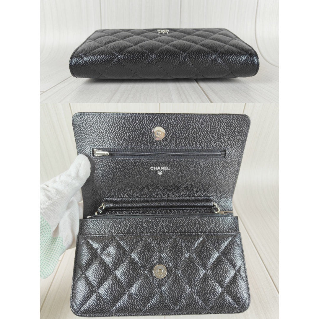 Rank S｜ CHANEL Matelasse Caviar Skin Chain Wallet Black Silver Hardware Made in 2021-2022 Year ｜S23120202