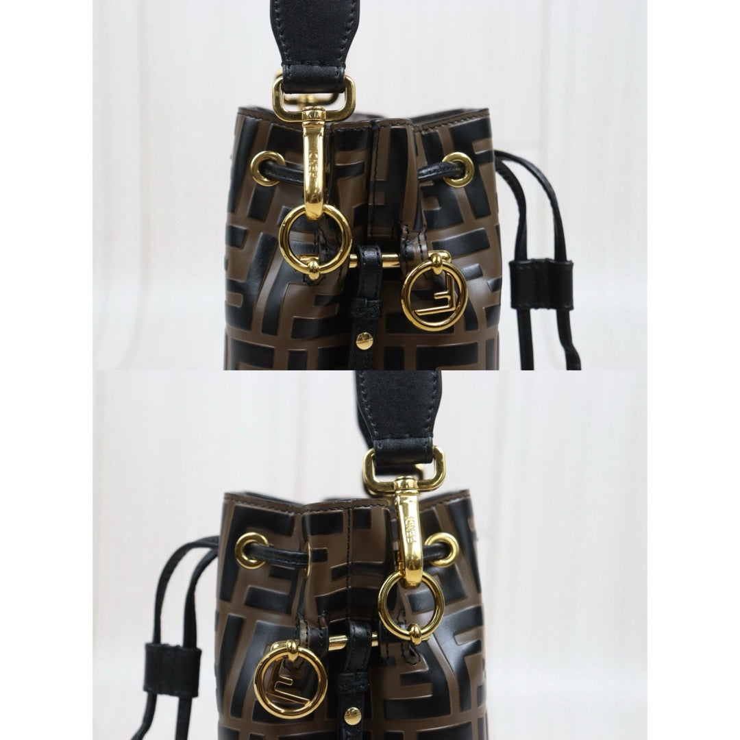 Include Entrupy Certificate of Authenticity｜Good ( Rank AB)｜ FENDI Zucca Mini Mon Tresor Calf Leather Bucket bag Shoulder Bag Brown ｜26051904