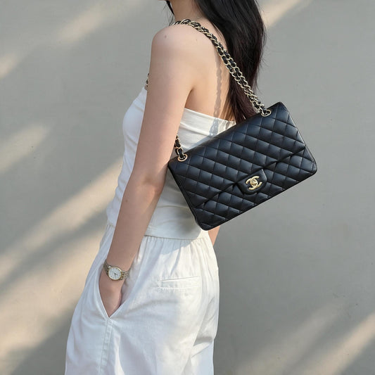 Include Entrupy Certificate of Authenticity｜Very Good ( Rank A)｜ CHANEL Lamb Skin Matrasse Chain Double Flap 25 Shoulder Bag  Black Made In 2018-2019Year｜S26101201