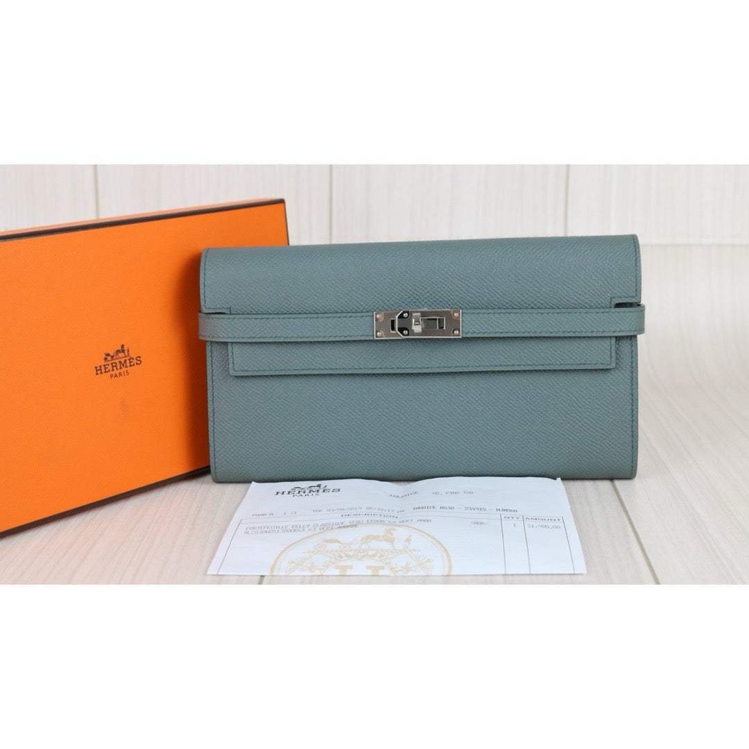 Include Entrupy Certificate of Authenticity｜Excellent（Rank SA)｜ HERMES Epson Kelly Long Wallet Vert Amande D Stamp Made In 2019Year｜X26041606