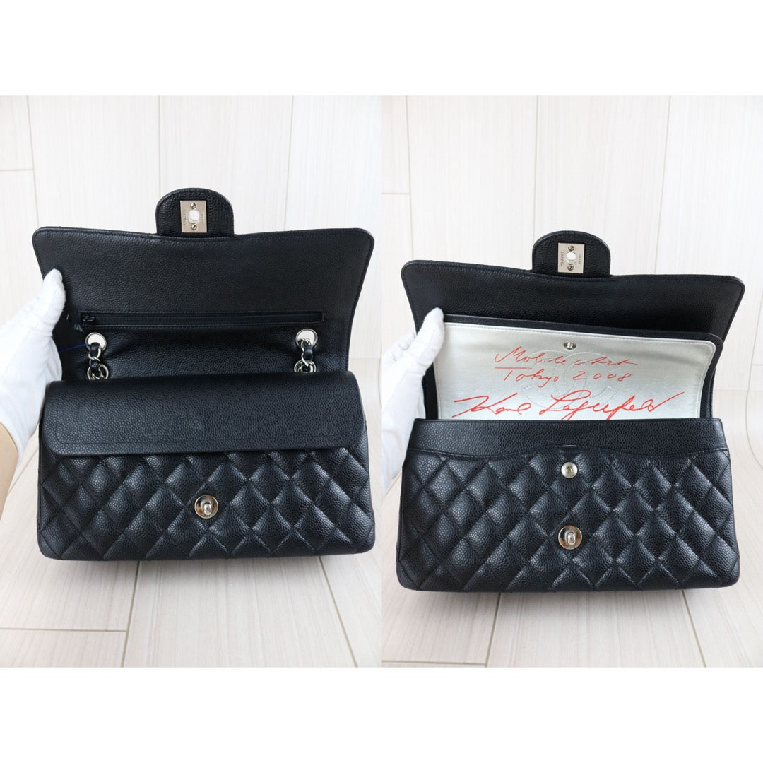 Include Entrupy Certificate of Authenticity｜Very Good ( Rank A)｜ CHANEL Caviar Skin Calf Leather Double Flap 25 Shoulder Bag Karl Lagerfeld Signed Limited Edition Made in 2008-2009 Year｜X26040822