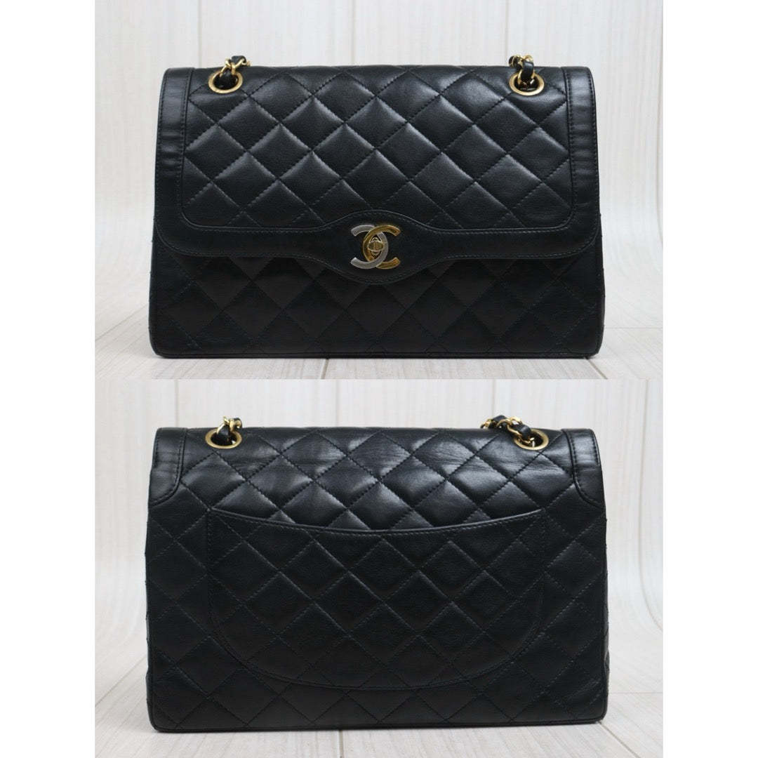 Include Entrupy Certificate of Authenticity｜Good ( Rank AB)｜CHANEL Paris Limited Edition Lambskin Black Double Flap Shoulder Bag  Made In 1991～1994Year｜S26080615