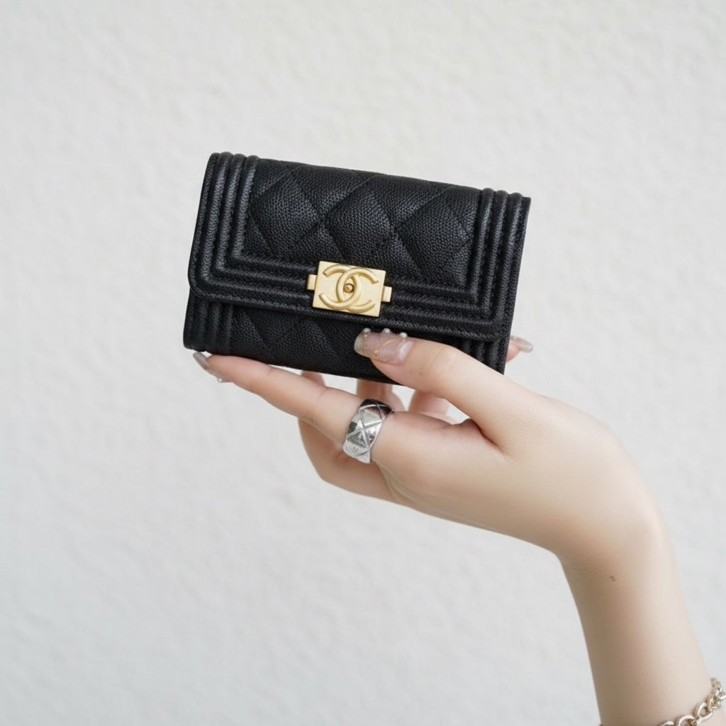 Include Entrupy Certificate of Authenticity｜Excellent（Rank SA）｜Full Set Chanel Caviar Skin Black Leboy Card Holder Made In 2019Year ｜X26051703