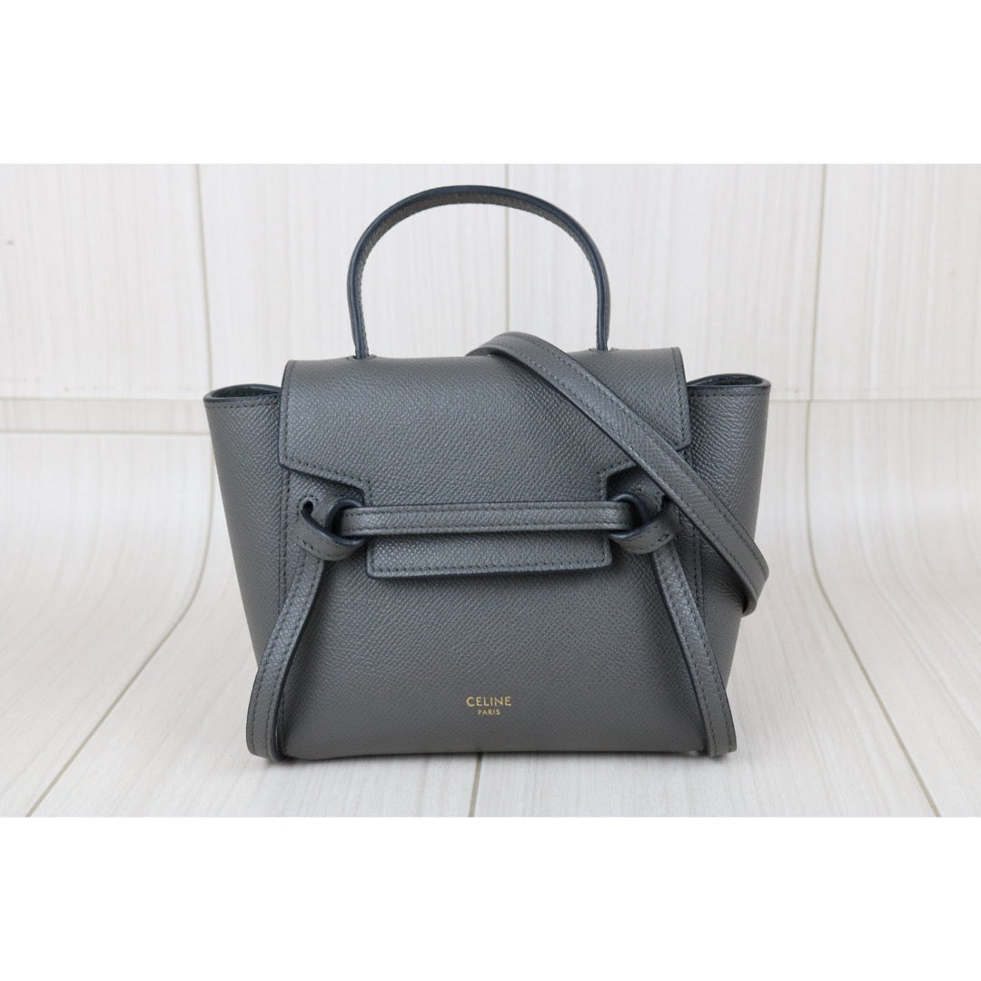 Include Entrupy Certificate of Authenticity｜Very Good ( Rank A)｜CELINE Calf Leather Belt Pico Handbag Shoulder Bag Etoupe Gray｜X26100714