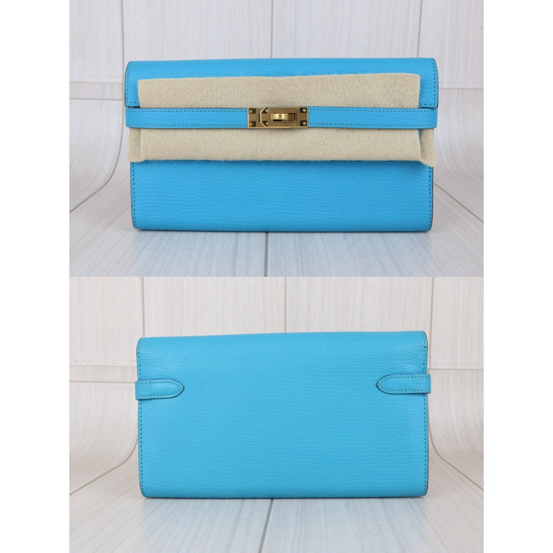 Include Entrupy Certificate of Authenticity｜Very Good ( Rank A)｜ HERMES Goatskin Kelly Long Wallet Blue Paon □R Stamp Made In 2014Year｜X26042002