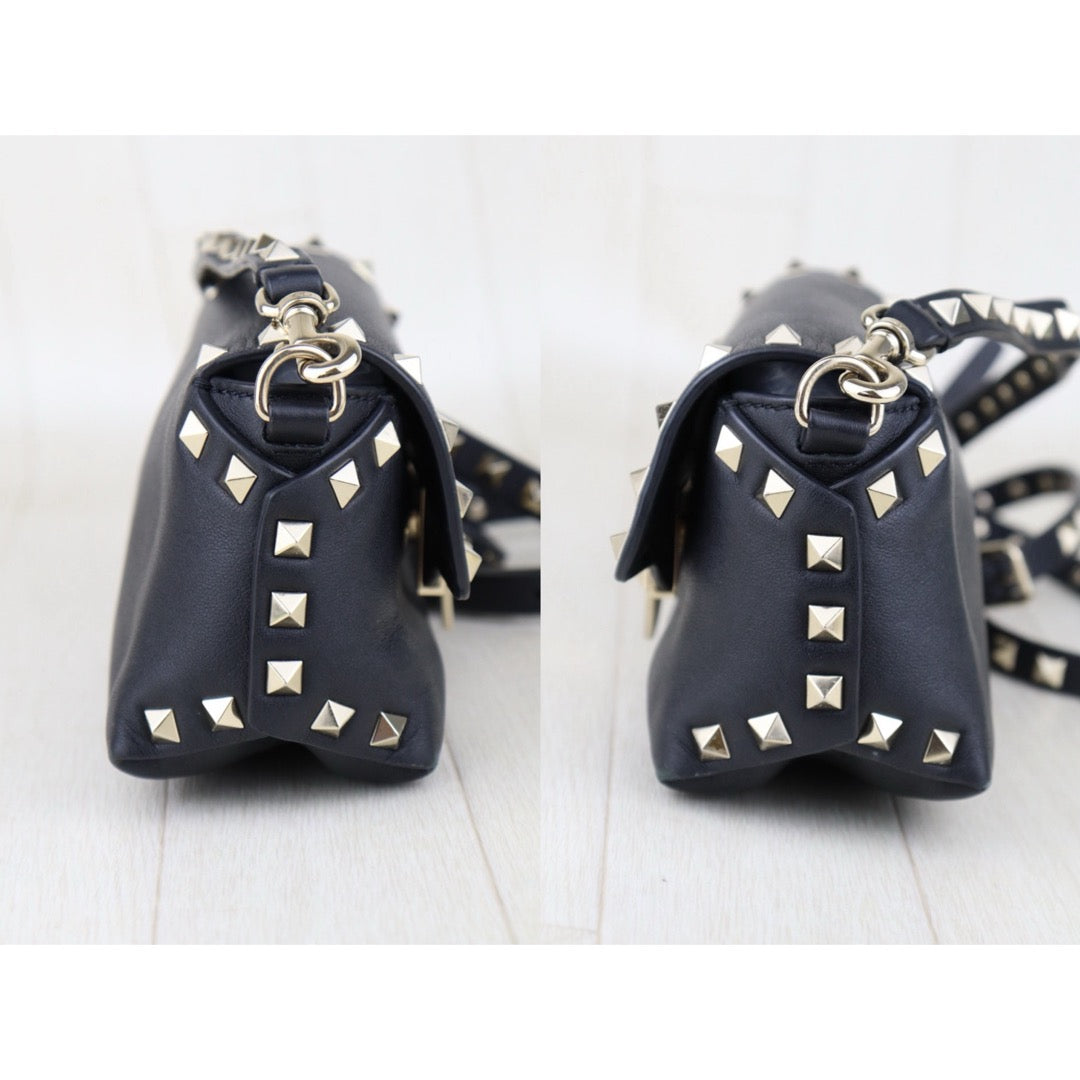 Good ( Rank AB)｜VALENTINO Rockstud Calf Leather Shoulder Bag Black ｜H25063012