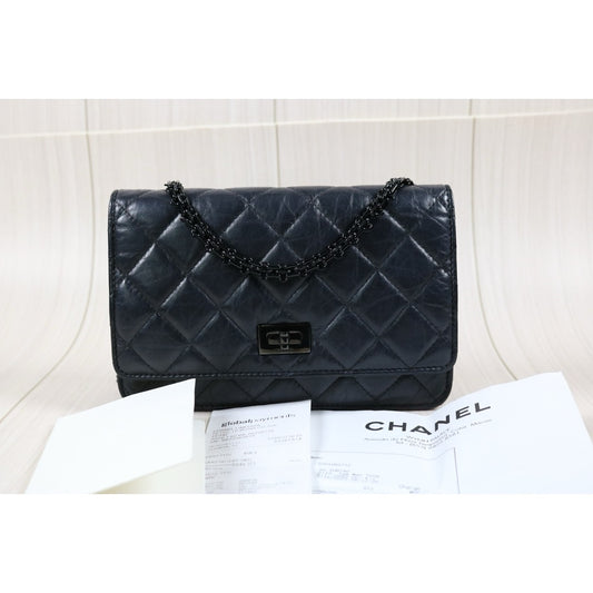 Rank A｜ CHANEL 2.55 Matelasse So Black WOC Chain Wallet Shoulder Bag  ｜S24031501