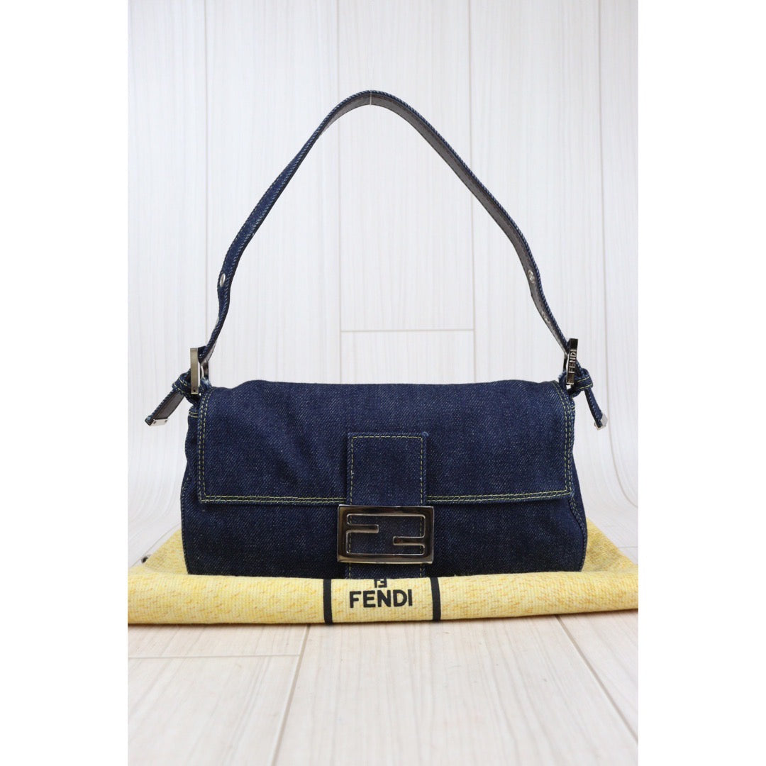 Rank A｜ FENDI Blue Denim  Mamma Baguette Shoulder Bag ｜V23122129