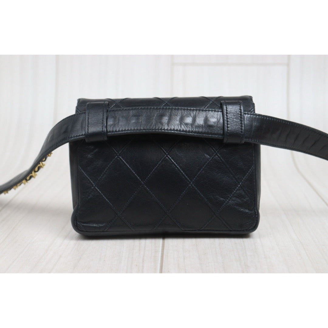Include Entrupy Certificate of Authenticity｜Good ( Rank AB)｜ CHANEL Lamb Skin Matrasse Chain BumBag Black ｜26071502