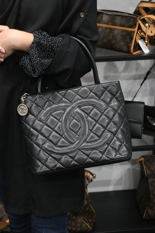 Chanel Vintage Chanel Medallion Black Quilted Caviar Leather Tote Bag